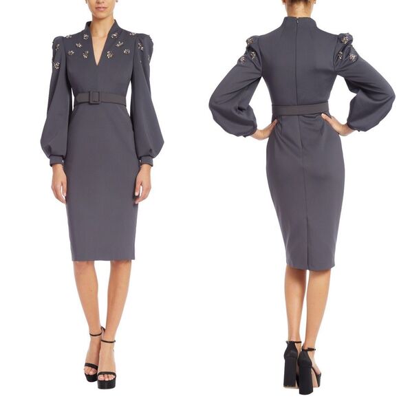 NWT BADGLEY MISCHKA Scuba Belted Sheath with Brooches Size US8 $550 - Picture 1 of 8